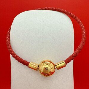 Pandora Moments Red Woven Leather Bracelet Charm Bracelet 14k Gold Plating